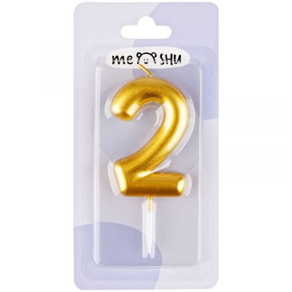 Свеча для торта с держателем MESHU "Цифра 2", 6см, золотая, блистер MS_59914