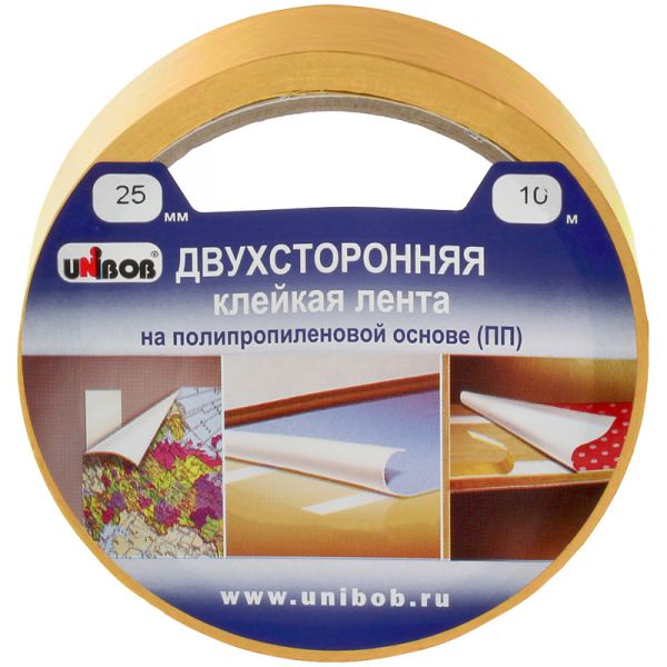 Клейкая лента двусторонняя Unibob, 25мм*10м, полипропилен, инд. упаковка 38915