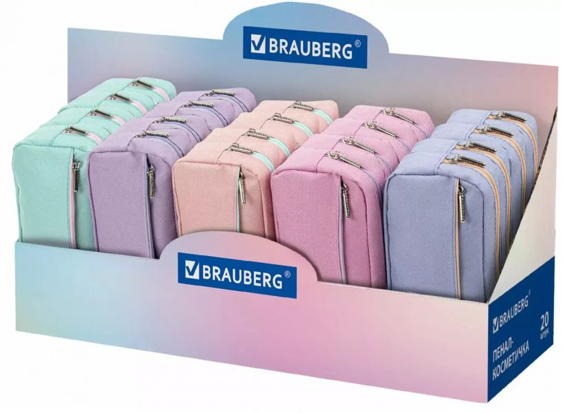 Пенал мягкий BRAUBERG, 2 отделения, ассорти 5 цветов, "Pastel", 21х9,5х5 см, дисплей, 271579