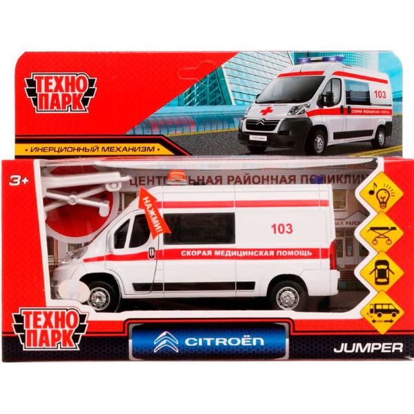 Машина металл Citroen Jumper JUMPER-14SLAMB-ST Скорая 14 см, (свет-звук, двер,белый) инер, в коробке