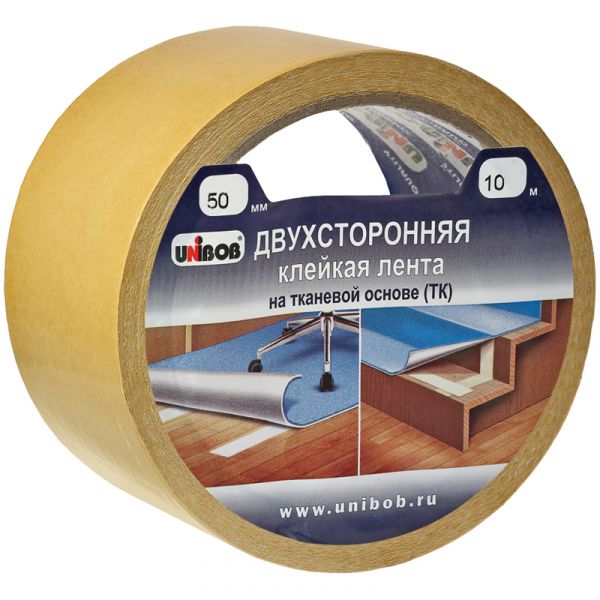 Клейкая лента двусторонняя Unibob, 50мм*10м, на тканевой основе, инд. упаковка 28213