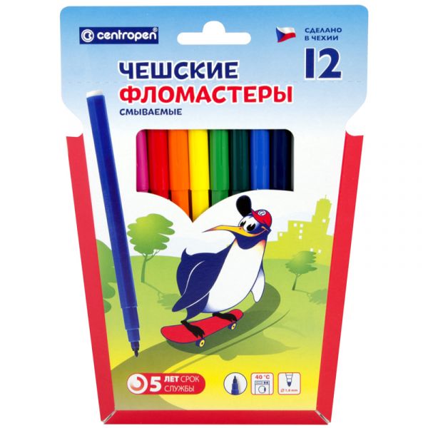 Фломастеры 12цв 7790/12TP "Пингвин" смываемые в блистере Centropen {Чехия}