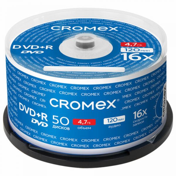 Диски DVD+R (плюс) CROMEX, 4,7 Gb, 16x, Cake Box (упаковка на шпиле), 513775