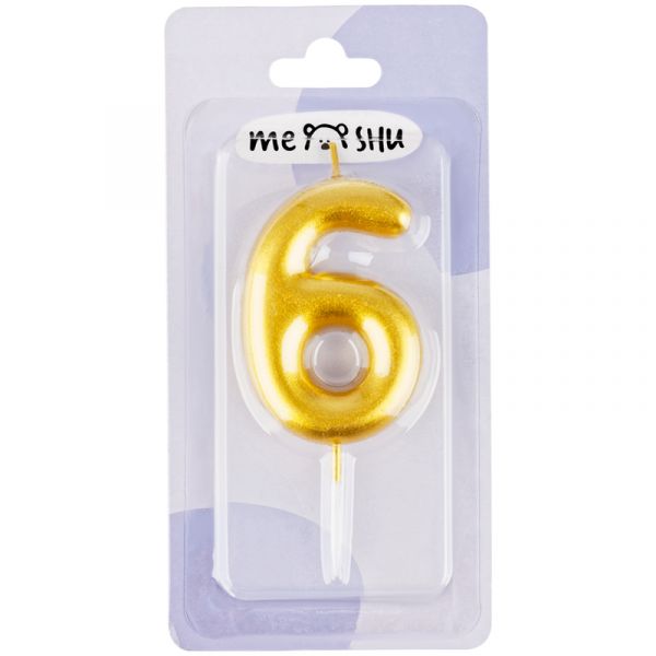 Свеча для торта с держателем MESHU "Цифра 6", 6см, золотая, блистер MS_59310