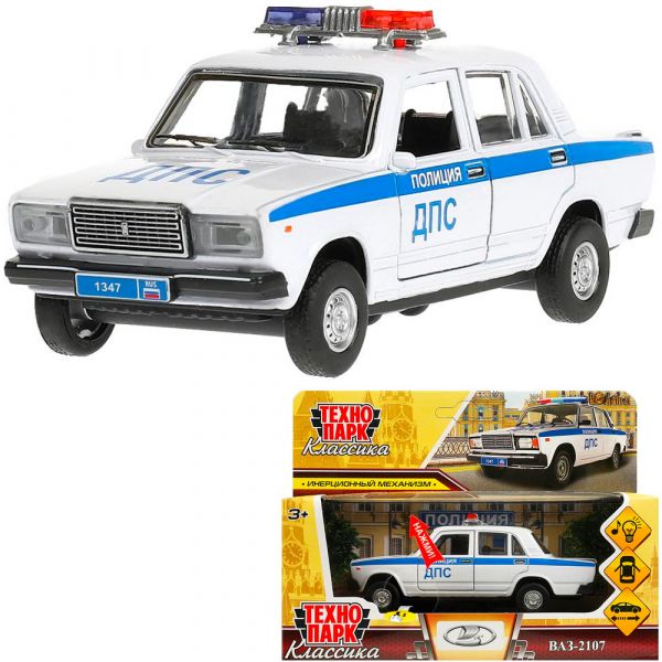 Машина металл ВАЗ-2107 2107-12SLPOL-WH Полиция 12 см, (свет-звук, белый) в коробке