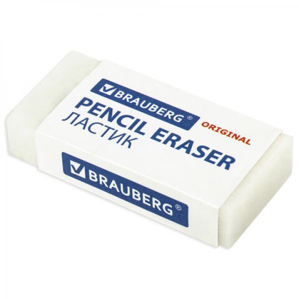 Ластик BRAUBERG "Original", 50х24х10 мм, белый, прямоугольный, экологичный ПВХ, картонный держатель,