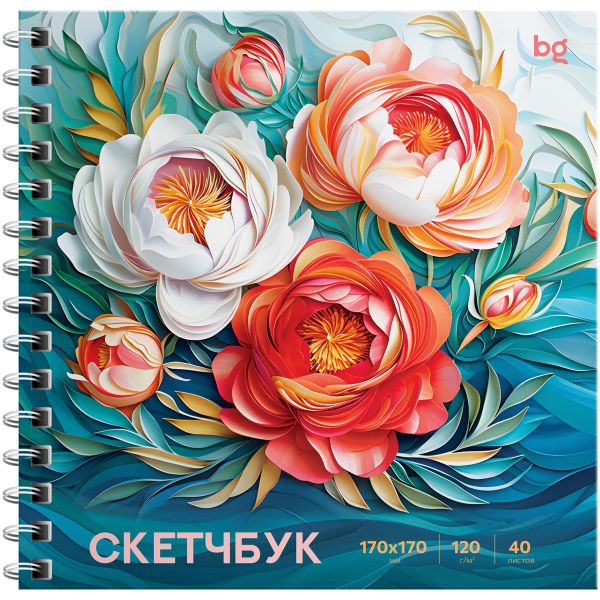 Скетчбук 40л., 170*170 BG "Пионы", на гребне, матовая ламинация, выборочный лак, 120г/м2 Скв40гр_645