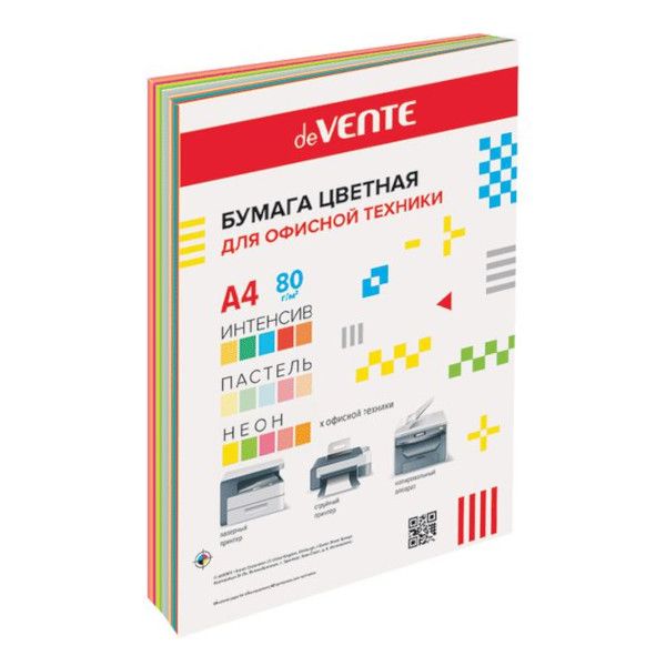 Бумага А4  75г/мкв и 80г/мкв  60л "deVENTE" ассорти /5 интенс., 5 пастель и 5 неонов. цветов 2072260