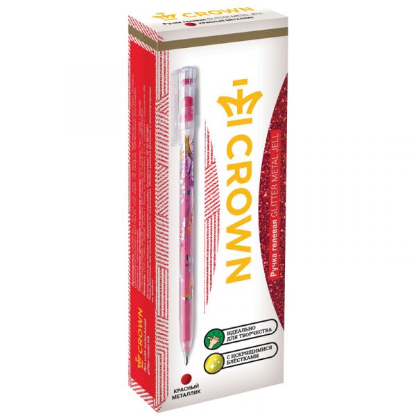 Ручка гелевая Crown "Glitter Metal Jell" красная с блестками, 1,0мм MTJ-500GLS(D)