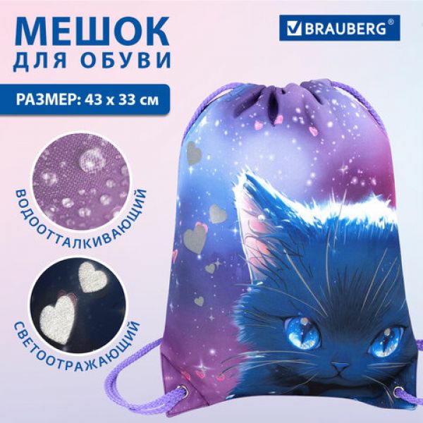 Мешок для обуви BRAUBERG PREMIUM, карман, подкладка, светоотражайка, 43х33 см, Anime cat, 272421
