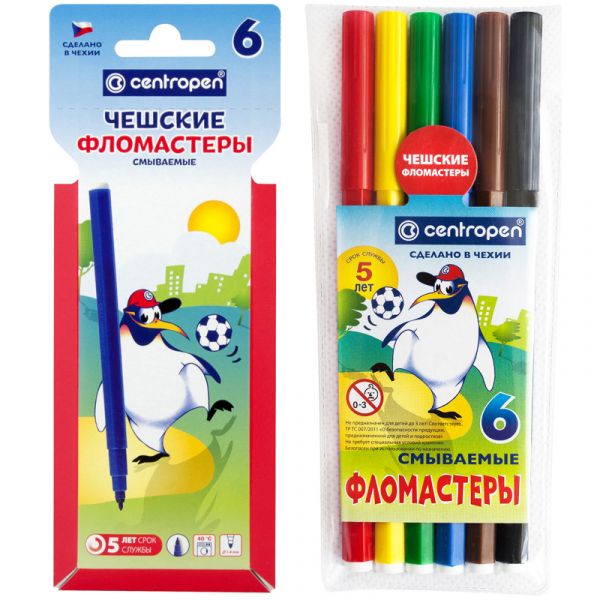 Фломастеры Centropen "Пингвины", 06цв., смываемые, картон. упак. с европодвесом/ПВХ 7 7790 0686