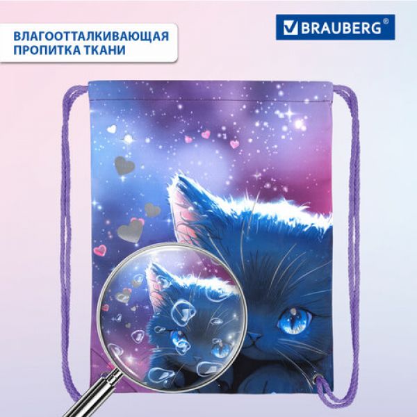 Мешок для обуви BRAUBERG PREMIUM, карман, подкладка, светоотражайка, 43х33 см, Anime cat, 272421