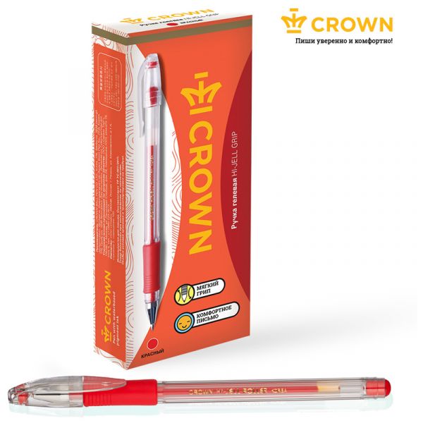 Ручка гелевая Crown "Hi-Jell Grip" красная, 0,5мм, грип