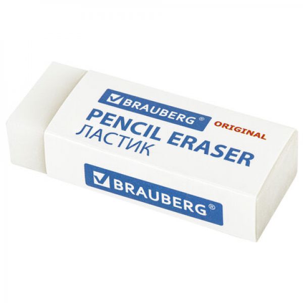 Ластик BRAUBERG "Original", 45х17х10 мм, белый, прямоугольный, экологичный ПВХ, картонный держатель,