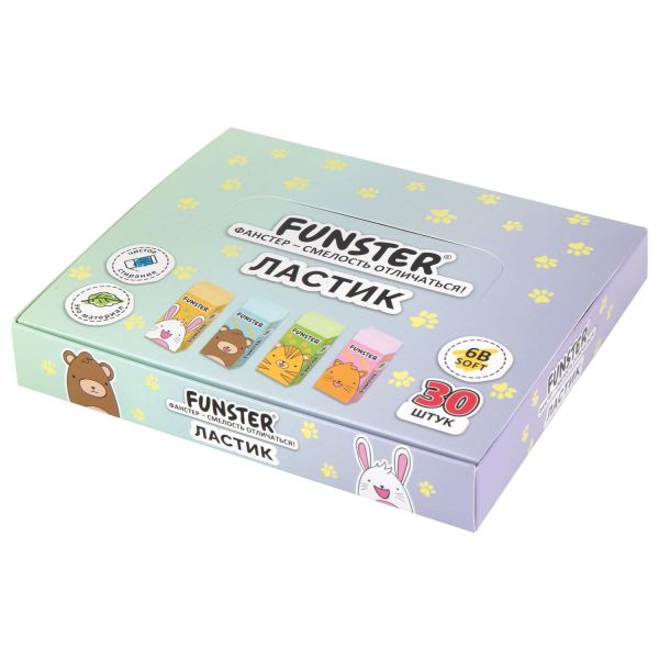 Ластик FUNSTER (ФАНСТЕР) "ANIMALS", 50х24х10 мм, прямоугольный, картонный держатель, экологичный ПВХ
