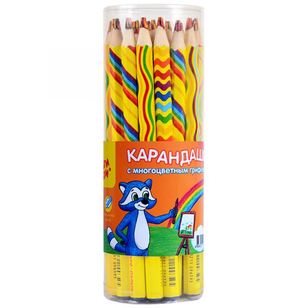 Карандаш с многоцветным грифелем "Енот и радуга", утолщенный, заточен.