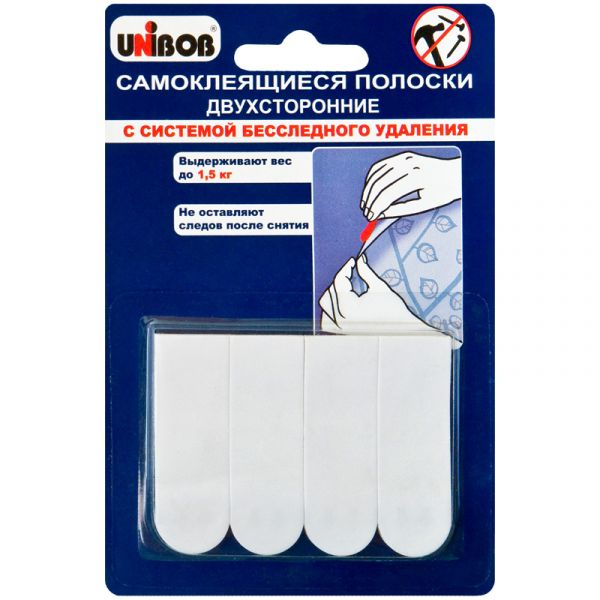 Полоски самоклеящиеся двухсторонние Unibob, белые, до 1,5кг, 4шт., блистер 49003
