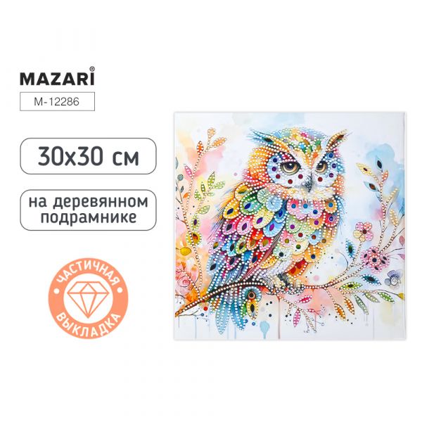 Алмазная мозаика СОВА, 30x30 см, деревянный подрамник, частичная выкладка