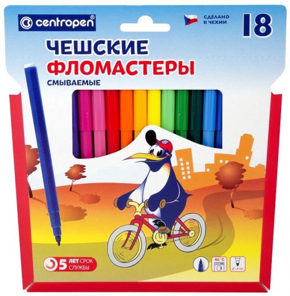 Фломастеры  18цв Пингвины /смываемые/ п/у 7790/18P Centropen