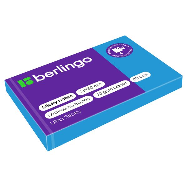 Самоклеящийся блок Berlingo "Ultra Sticky", 50*75мм, 80л, синий неон LSn_39412