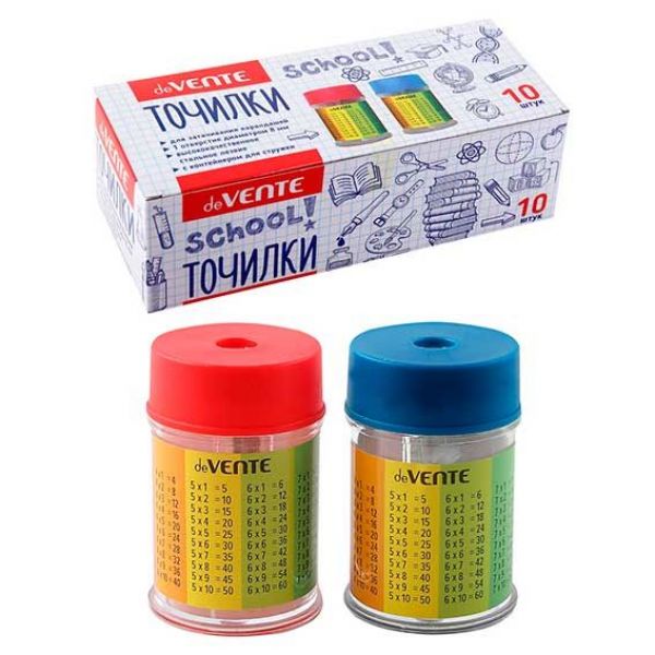 Точилка 1отв. пластик/с контейнером/ School. Таблица умножения, прямоугольная /ассорти 8031411 deVEN