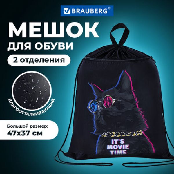 Мешок для обуви BRAUBERG, с петлёй, карман на молнии, 47х37 см, "Movie time", 270910