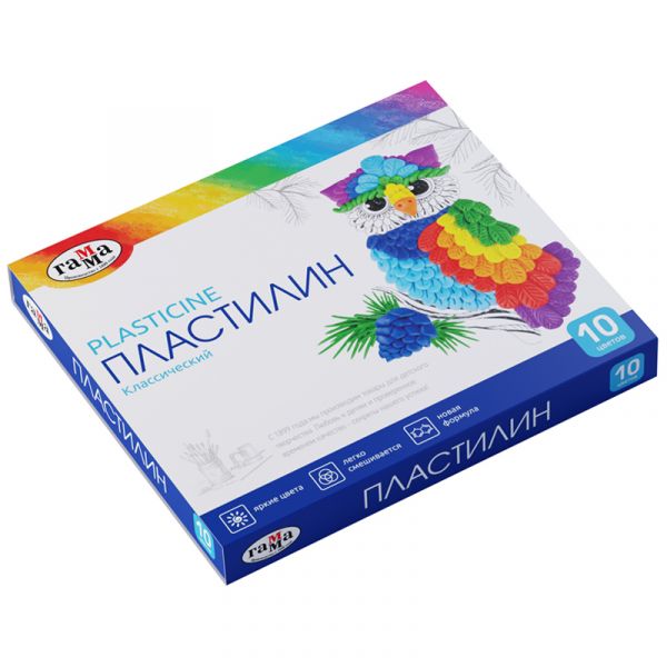 Пластилин Гамма "Классический", 10 цветов, 200г, со стеком, картон. упак. 281032