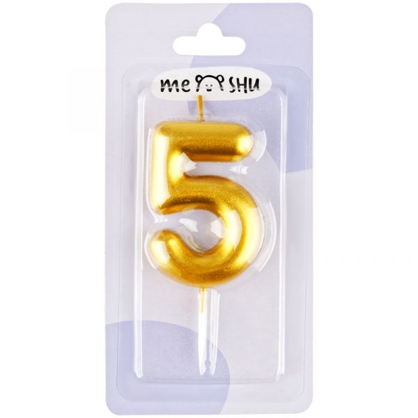 Свеча для торта с держателем MESHU "Цифра 5", 6см, золотая, блистер MS_59297