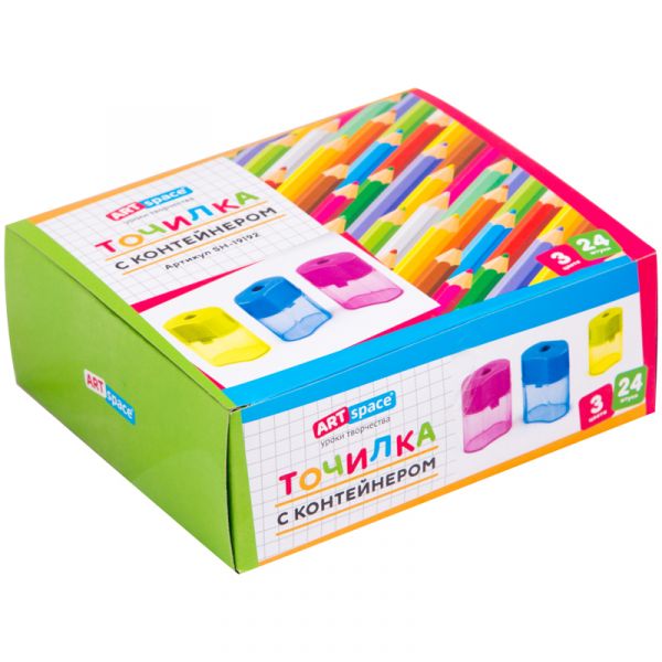 Точилка пластиковая ArtSpace 1 отверстие, контейнер, ассорти SH_19192