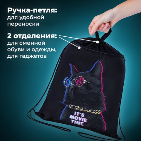 Мешок для обуви BRAUBERG, с петлёй, карман на молнии, 47х37 см, "Movie time", 270910