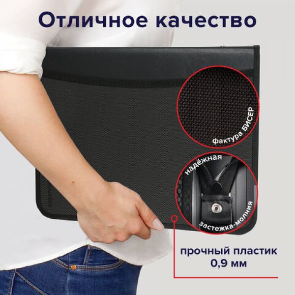 Папка на молнии пластиковая BRAUBERG, А4, 350х282х33 мм, 2 отделения, 4 кармана, черная, 225166