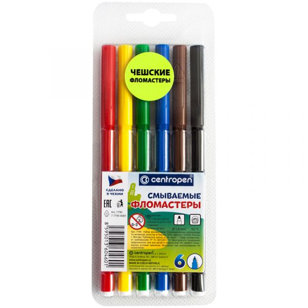Фломастеры 6цв. смываемые Centropen 7790