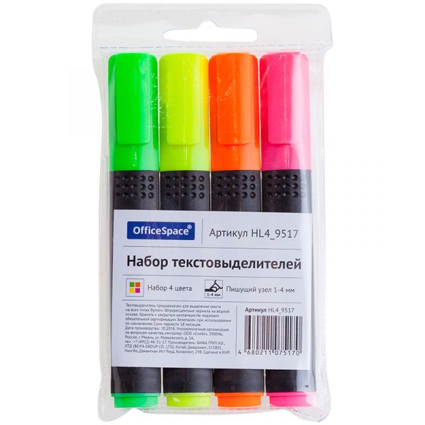 Набор текстовыделителей OfficeSpace 4цв., 1-4мм, чехол с европодвесом HL4_9517