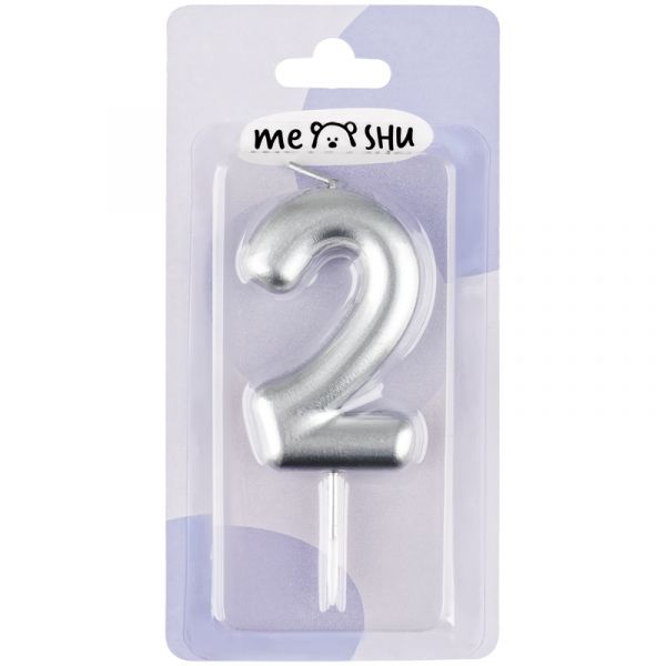 Свеча для торта с держателем MESHU "Цифра 2", 6см, серебряная, блистер MS_59716