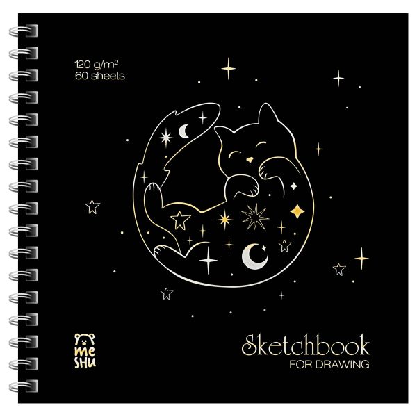 Скетчбук 60л., 150*150 MESHU "Black Cat", на гребне, отд. фольгой, soft-touch, 120г/м2 MS_53037