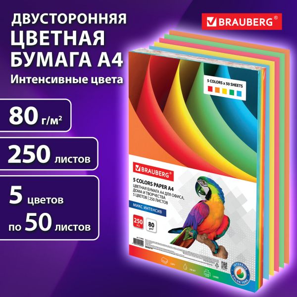 Бумага цветная BRAUBERG, А4, 80 г/м2, 250 л., (5 цветов х 50 л.), интенсив, для офисной техники, 112