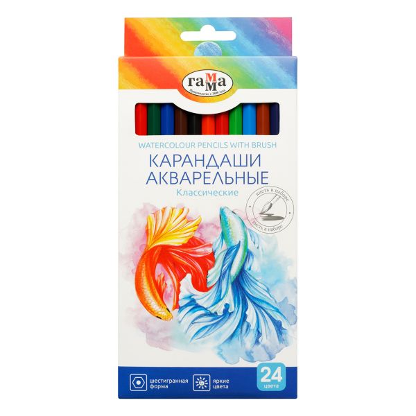 Карандаши акварельные Гамма "Классические", 24цв., шестигранные, заточен., с кистью, картон. упак.,