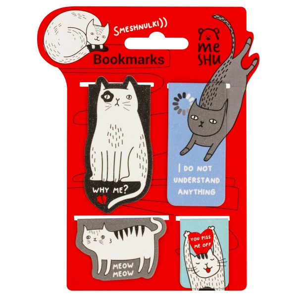 Закладки магнитные для книг, 4шт., MESHU "Funny cat", ламинация с блестками MS_58308