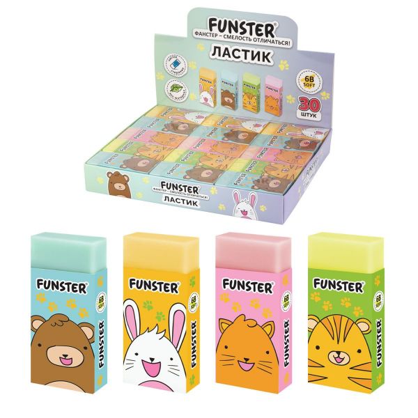Ластик FUNSTER (ФАНСТЕР) "ANIMALS", 50х24х10 мм, прямоугольный, картонный держатель, экологичный ПВХ