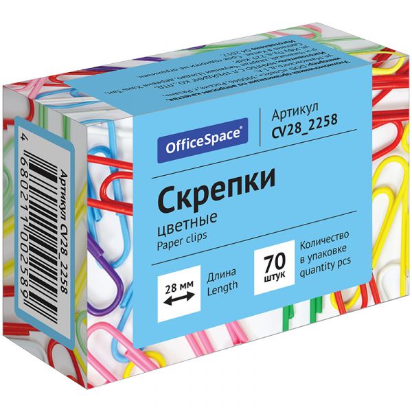 Скрепки 28мм, OfficeSpace, 70шт., цветные, карт. упаковка CV28_2258