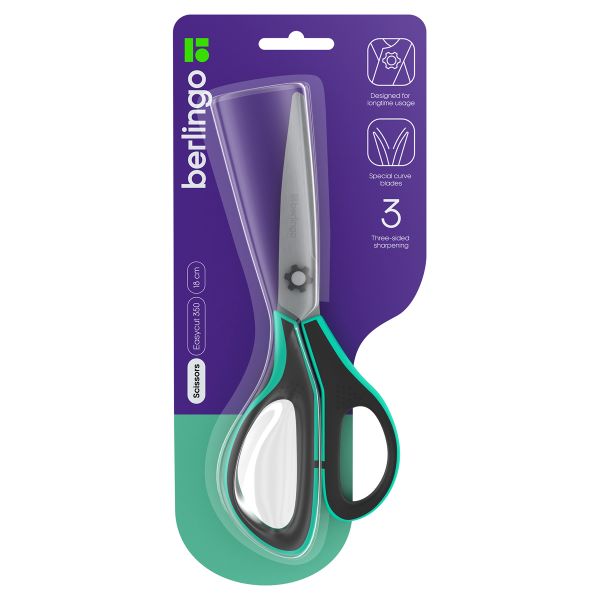 Ножницы Berlingo "Easycut 350", 18см, бирюзовые, эргономичные ручки, мягкие вставки, DNn_18035_b