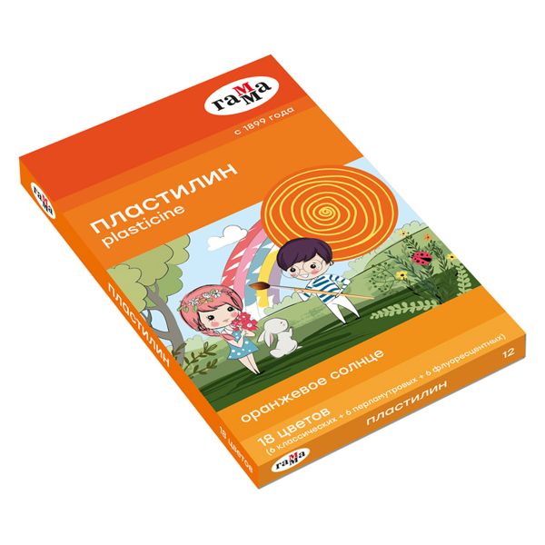 Пластилин Гамма "Оранжевое солнце", 18 цветов (6 классич., 6 флуор., 6 перл.), 234г, со стеком, карт