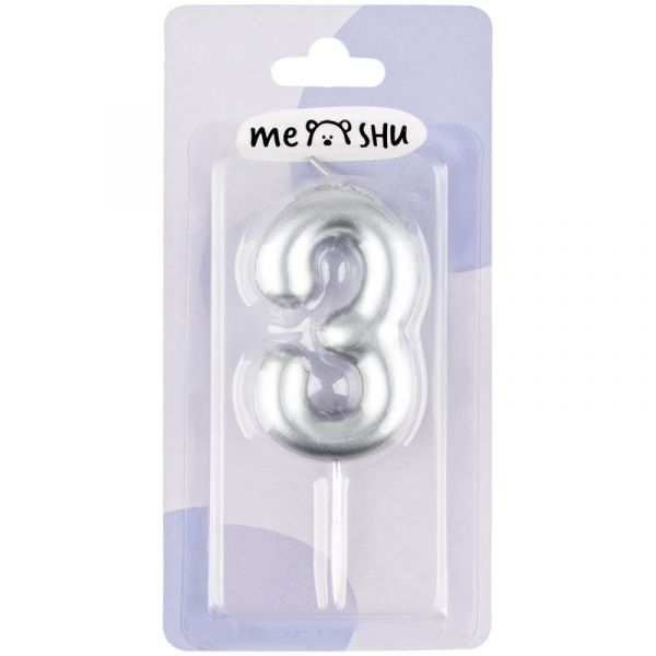Свеча для торта с держателем MESHU "Цифра 3", 6см, серебряная, блистер MS_59730