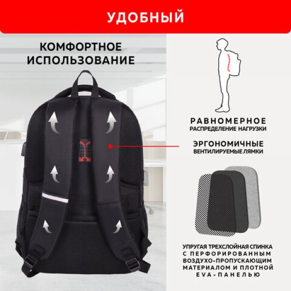 Рюкзак GERMANIUM UPGRADE универсальный, отд. для ноутбука, USB-порт, черный, 47х31х18 см, 271665