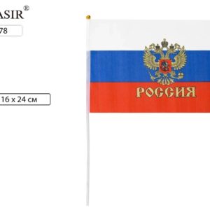 Флаг РФ с гербом 16*24см на пластиковой трубочке,материал-искусственный шёлк МС-3778 MC BASIR
