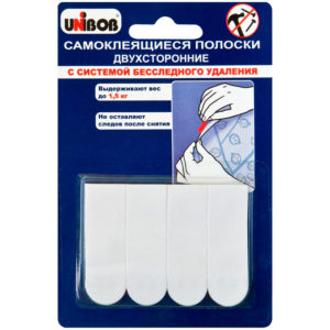 Полоски самоклеящиеся двухсторонние Unibob, белые, до 1,5кг, 4шт., блистер 49003
