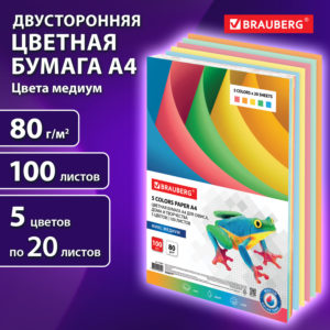Бумага цветная BRAUBERG, А4, 80 г/м2, 100 л., (5 цветов х 20 л.), медиум, для офисной техники, 11246